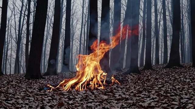 Campfire left unattended in the forest leads to wildfire. Scene of human negligence causing environmental disaster and massive forest destruction. Concept of irresponsibility and catastrophe