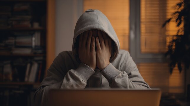 A person in a hoodie sits in front of a laptop, covering their face with their hands, conveying stress or frustration in a dimly lit room.