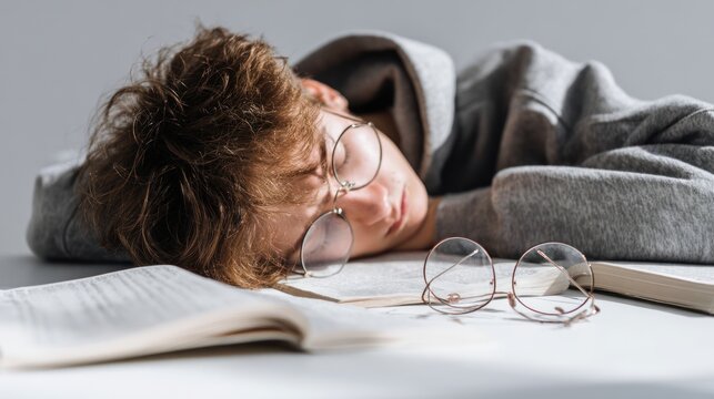 Sleepy student with glasses resting on books - Powered by Adobe