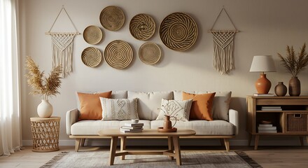 Living room interior featuring a sofa with pillows, decorative wall baskets, macrame hangings, and side tables with vases and lamps.