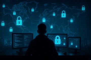 A man monitors global cybersecurity from a control center with digital padlocks over a world map. Blue neon lights represent protection, data monitoring, and advanced surveillance systems worldwide.