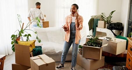 Moving, angry woman and phone call in home with boxes, delivery mistake and shipping damage. Mobile, talking and customer with complaint for package, real estate or poor service with African couple