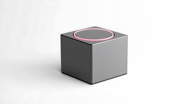 A gray cube with a pink circle light on top on a white background studio shot