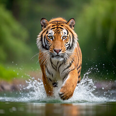 Majestic tiger running through water creating splashes in a lush green forest