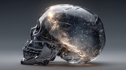 a transparent skull in black and grey tones, filled with the Milky Way galaxy and stars swirling inside, photorealistic, dramatic lighting 