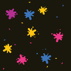 A vector illustration of vibrant, colorful paint splatters and confetti scattered across a dark background