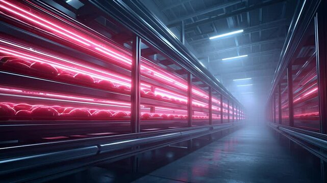 Futuristic industrial warehouse interior with illuminated shelves displaying rows of glowing red objects, creating a high-tech atmosphere and showcasing advanced technology in a modern setting