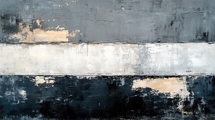Obraz premium Abstract painting with horizontal bands of grey, white, and black colors.