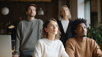 Four diverse young professionals attentively looking upward in a modern office setting with natural light.