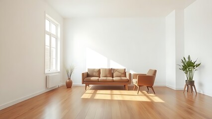 Minimalist living room with clean white walls and warm wood flooring, featuring mid-century modern furniture and soft natural light.