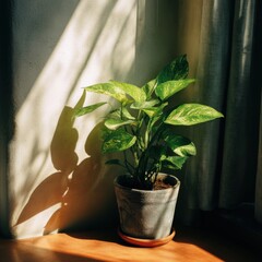 A vibrant green potted plant basking in sunlight near a window.