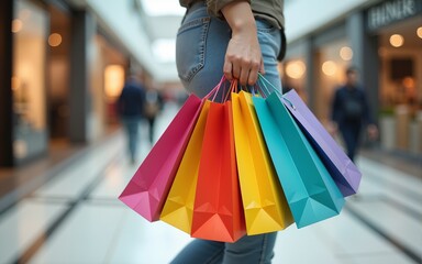 fashion shopping girl A young woman carries a colorful shopping bag as she walks along a shopping mall. High quality