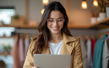 Happy young woman shopping online. High quality