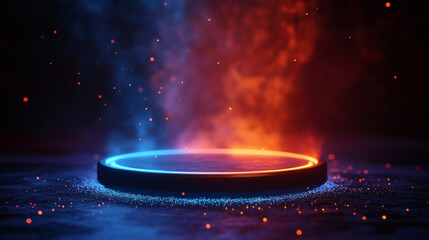 Mysterious Glowing Circular Device with Fire and Smoke Effects in a Dark Environment