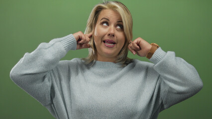 Young blonde woman in cozy sweater plugs ears with both fingers in green studio; frustration...