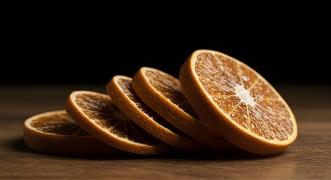 Stacked Dried Orange Slices on Wood with Dark Background