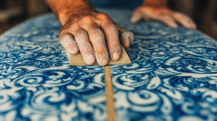 A hand sands the surface of a surfboard with a blue and white patterned design in a close-up view.
