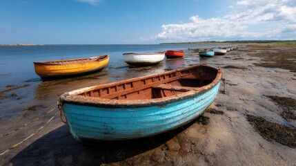Several colorful, weathered boats rest on a rocky shore beside a calm sea under a partly cloudy sky.