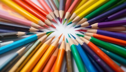 Fototapeta premium Vibrant colorful pencils arranged in a circular pattern with sharp tips pointing inward focusing