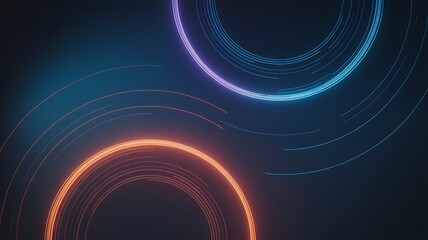 Abstract neon circles create a modern background with vibrant glowing blue, purple and orange light trails on dark teal.