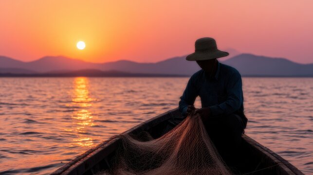 A silhouette of a person fishing with a net on a boat during a vibrant sunset over calm waters with distant hills. - Powered by Adobe