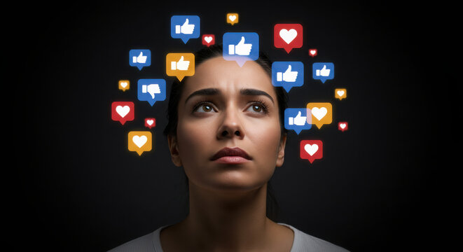 Portrait of woman in thought surrounded by floating thumbs up, hearts icons. symbolizing influence of social validation, emotional fragmentation concepts.