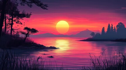 Colorful sunset over a tranquil lake and shoreline.