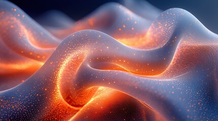 Abstract wavy shapes with glowing particles.