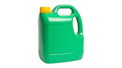 Green plastic container with yellow cap liquid storage jug handle isolated on white background studio shot 100 on transparent background