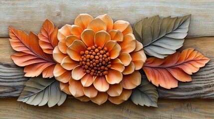 Ornate wood carving of a flower and leaves.