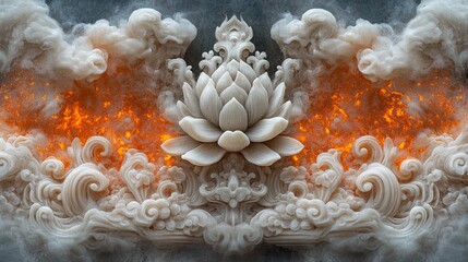 Ornamental lotus flower design amidst smoke and flames.