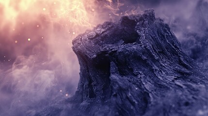 Close-up view of charred wood with smoke and sparks.