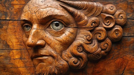 Intricate wooden carving of a detailed face.