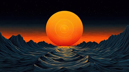 Large orange sun over a dark, wavy landscape.