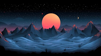 Night landscape with mountains and a large celestial body.