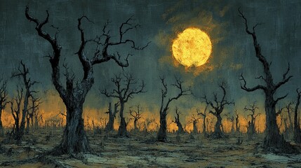 A desolate landscape of bare trees under a large, luminous moon.