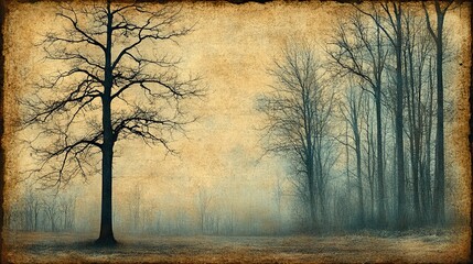 Bare trees stand sentinel in a misty landscape.