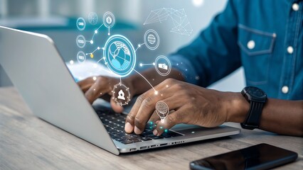 Person using laptop for digital networking, connecting with global information and processing data analysis for business growth.