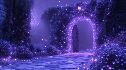 Mysterious purple archway in a magical garden at night.