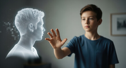 Boy extending his hand toward a floating hologram of himself. symbolic of disconnection from self, feeling lost in virtual identity.