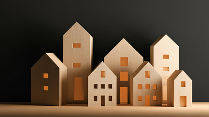 wooden, houses, miniature, architecture, model, design, minimal, dark, background, toy, home, realestate, modern, abstract, mockup, village, cityscape, residential, property, small, creative, structur