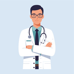 Fototapeta premium A confident male doctor wearing a white coat and stethoscope stands with arms crossed, ready to provide medical care and expertise.