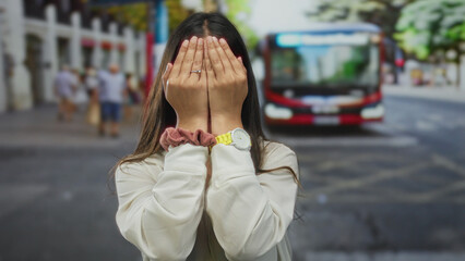 Young woman wearing white shirt covers face with hands on street amid blurred crowd; playful...