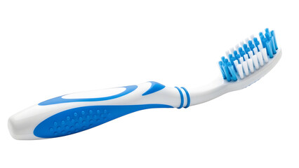 Stock photo of a blue and white toothbrush for dental hygiene and oral care product advertisement use case on transparent background
