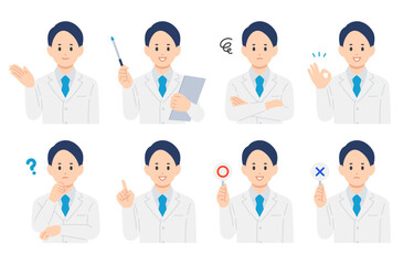いろいろな表情･ポーズをする男性医師のセット【人物ベクターイラスト素材】