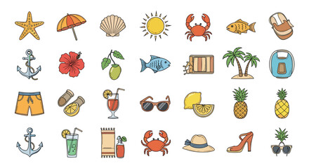 Collection of tropical beach vacation and summer holiday icons and graphics for design projects