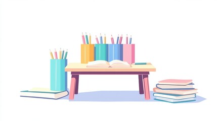 Fototapeta premium Study desk with books and colorful pencils create a delightful and inviting learning environment for school or home.