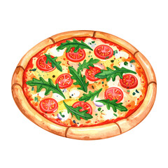 신선한 토마토와 페퍼로니 그리고 루꼴라가 올라가있는 맛있는 피자