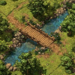 Fototapeta premium Breathtaking view of a wooden bridge spanning a serene river.