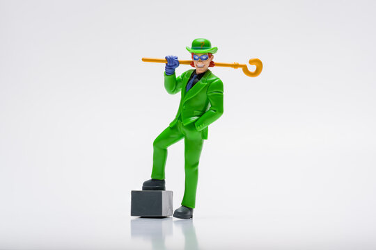 Antalya, Turkey - June 18, 2025: Riddler action figure standing confidently on white background